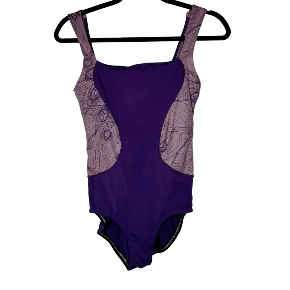 Lululemon‎ Bodysuit Dance Leotard Purple Peacock Feathers 6